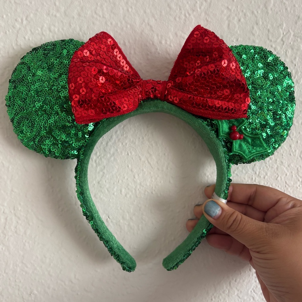 Disney Green Sequin Ears with Red Bow